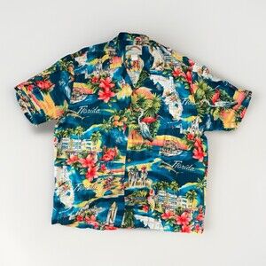 Vintage Paradise Found Hawaiian Florida Shirt Floral Blue Pink Men's Large